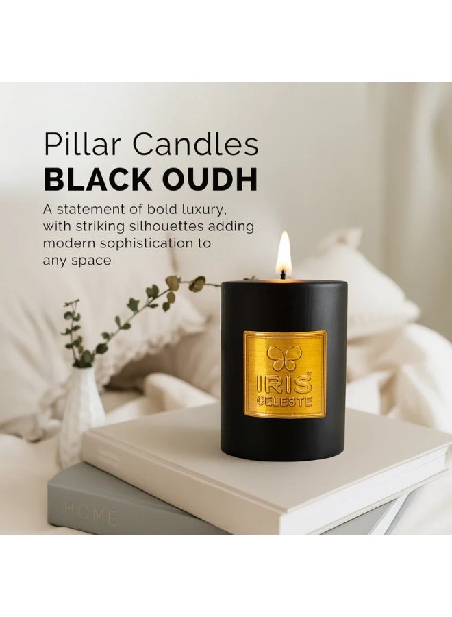 IRIS CELESTE Black Oud Scented Pillar Candle 3 inch- 320grams, 11oz| 40 hours Burn-time | Warm Woody Fragrance | Perfect for Festivities & Gifting, Ceremonies, Meditation & Room Perfuming - Image 1